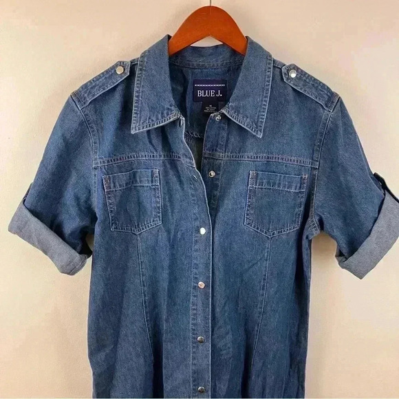 VTG Denim M Midi Shirt Dress Short Sleeve Western Y2K Snap Front Modest - Picture 5 of 6